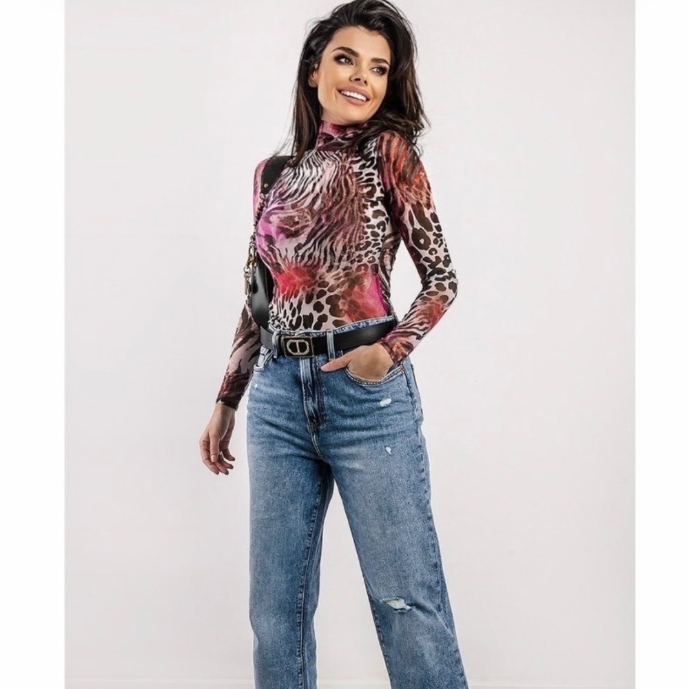 Guess Mesh Zebra‎ Cheetah Animal Print Long Sleeve Turtleneck Kamaria Top L Boho
